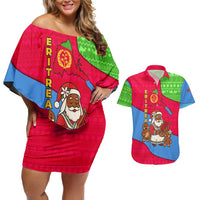 Eritrea Christmas Couples Matching Off Shoulder Short Dress and Hawaiian Shirt with African Santa Gingerbread Harp National Flag Colors and Festive Pattern Design - Wonder Print Shop