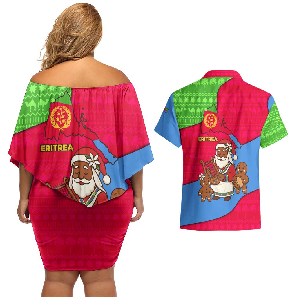 Eritrea Christmas Couples Matching Off Shoulder Short Dress and Hawaiian Shirt with African Santa Gingerbread Harp National Flag Colors and Festive Pattern Design - Wonder Print Shop
