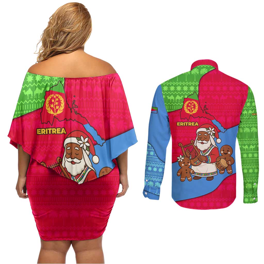 Eritrea Christmas Couples Matching Off Shoulder Short Dress and Long Sleeve Button Shirt with African Santa Gingerbread Harp National Flag Colors and Festive Pattern Design - Wonder Print Shop