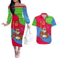 Eritrea Christmas Couples Matching Off The Shoulder Long Sleeve Dress and Hawaiian Shirt with African Santa Gingerbread Harp National Flag Colors and Festive Pattern Design - Wonder Print Shop