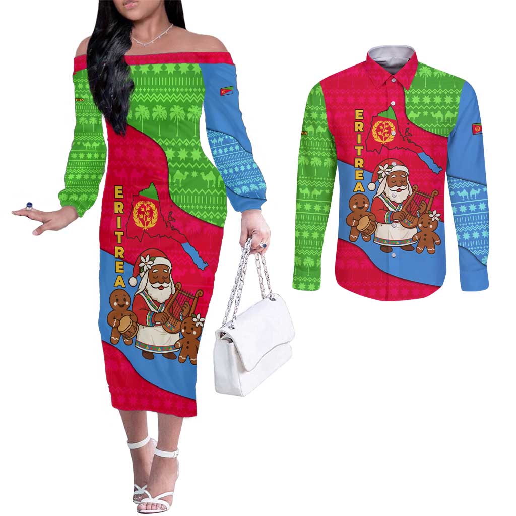 Eritrea Christmas Couples Matching Off The Shoulder Long Sleeve Dress and Long Sleeve Button Shirt with African Santa Gingerbread Harp National Flag Colors and Festive Pattern Design - Wonder Print Shop