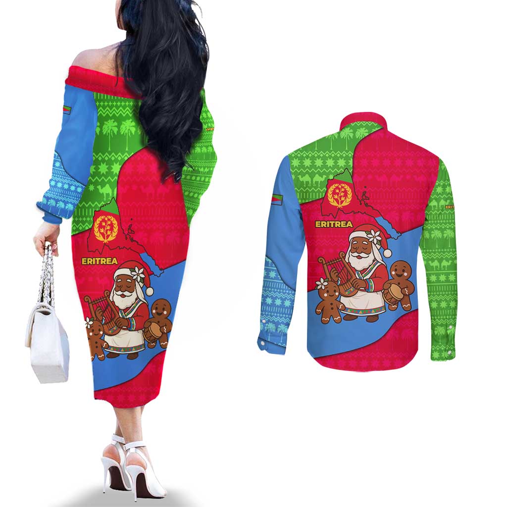 Eritrea Christmas Couples Matching Off The Shoulder Long Sleeve Dress and Long Sleeve Button Shirt with African Santa Gingerbread Harp National Flag Colors and Festive Pattern Design - Wonder Print Shop
