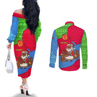 Eritrea Christmas Couples Matching Off The Shoulder Long Sleeve Dress and Long Sleeve Button Shirt with African Santa Gingerbread Harp National Flag Colors and Festive Pattern Design - Wonder Print Shop