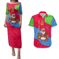 Eritrea Christmas Couples Matching Puletasi and Hawaiian Shirt with African Santa Gingerbread Harp National Flag Colors and Festive Pattern Design - Wonder Print Shop