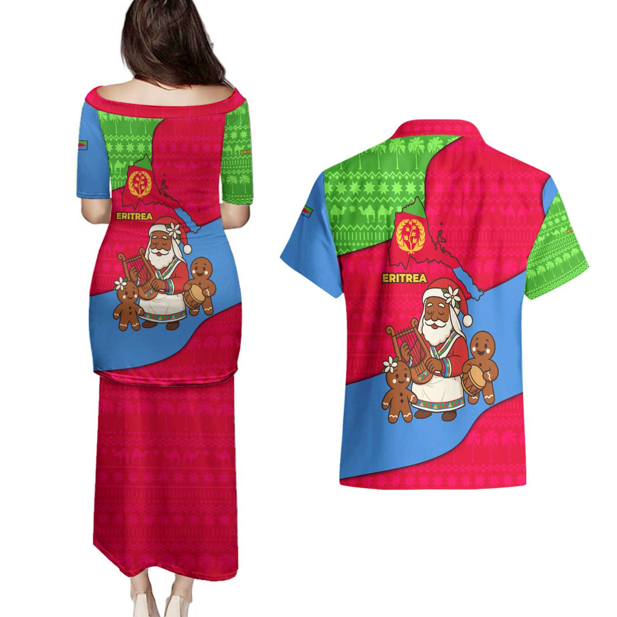 Eritrea Christmas Couples Matching Puletasi and Hawaiian Shirt with African Santa Gingerbread Harp National Flag Colors and Festive Pattern Design - Wonder Print Shop
