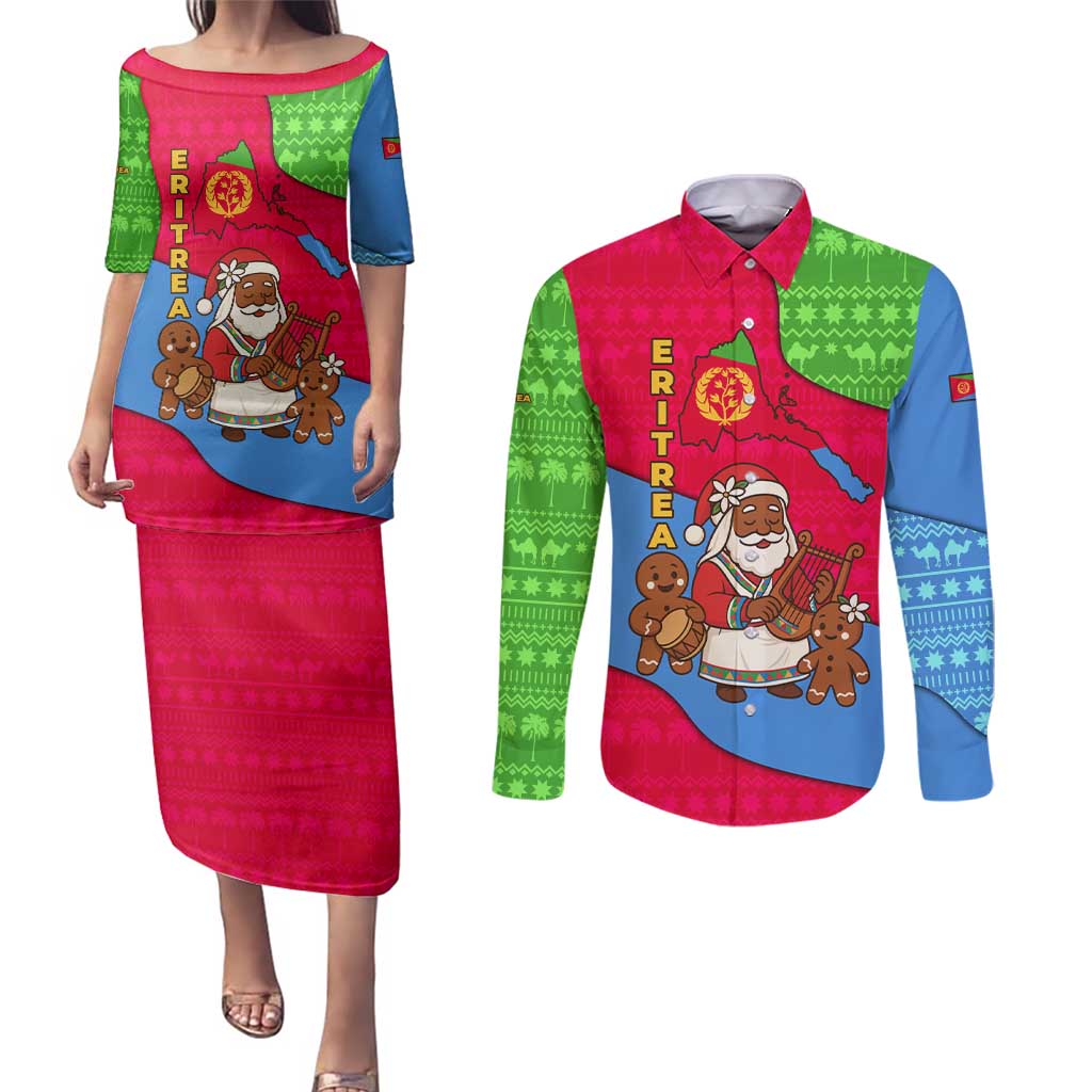 Eritrea Christmas Couples Matching Puletasi and Long Sleeve Button Shirt with African Santa Gingerbread Harp National Flag Colors and Festive Pattern Design - Wonder Print Shop