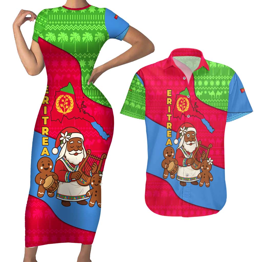 Eritrea Christmas Couples Matching Short Sleeve Bodycon Dress and Hawaiian Shirt with African Santa Gingerbread Harp National Flag Colors and Festive Pattern Design - Wonder Print Shop