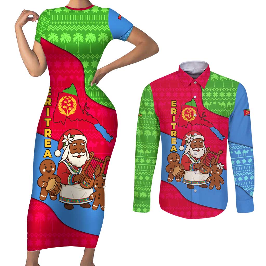 Eritrea Christmas Couples Matching Short Sleeve Bodycon Dress and Long Sleeve Button Shirt with African Santa Gingerbread Harp National Flag Colors and Festive Pattern Design - Wonder Print Shop