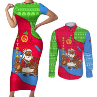 Eritrea Christmas Couples Matching Short Sleeve Bodycon Dress and Long Sleeve Button Shirt with African Santa Gingerbread Harp National Flag Colors and Festive Pattern Design - Wonder Print Shop