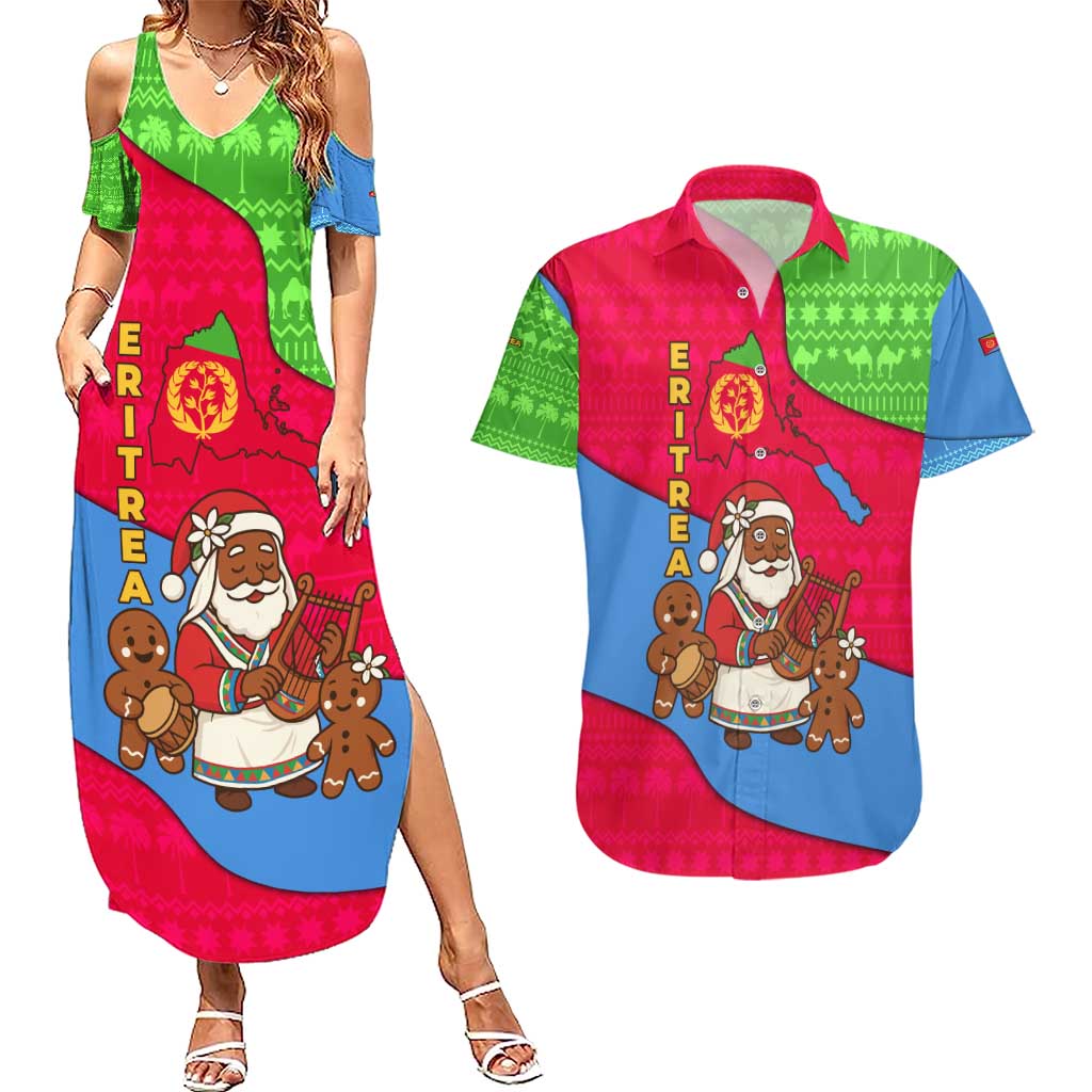 Eritrea Christmas Couples Matching Summer Maxi Dress and Hawaiian Shirt with African Santa Gingerbread Harp National Flag Colors and Festive Pattern Design - Wonder Print Shop