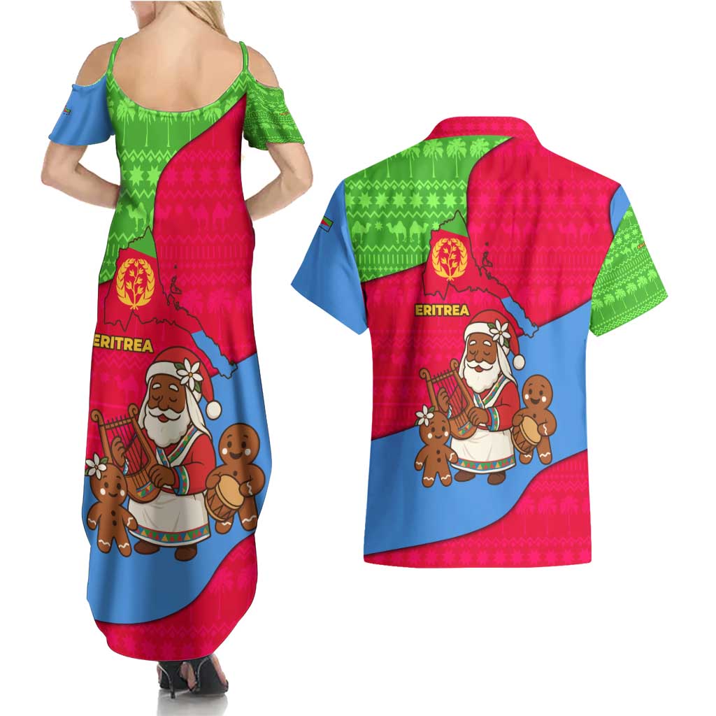 Eritrea Christmas Couples Matching Summer Maxi Dress and Hawaiian Shirt with African Santa Gingerbread Harp National Flag Colors and Festive Pattern Design - Wonder Print Shop