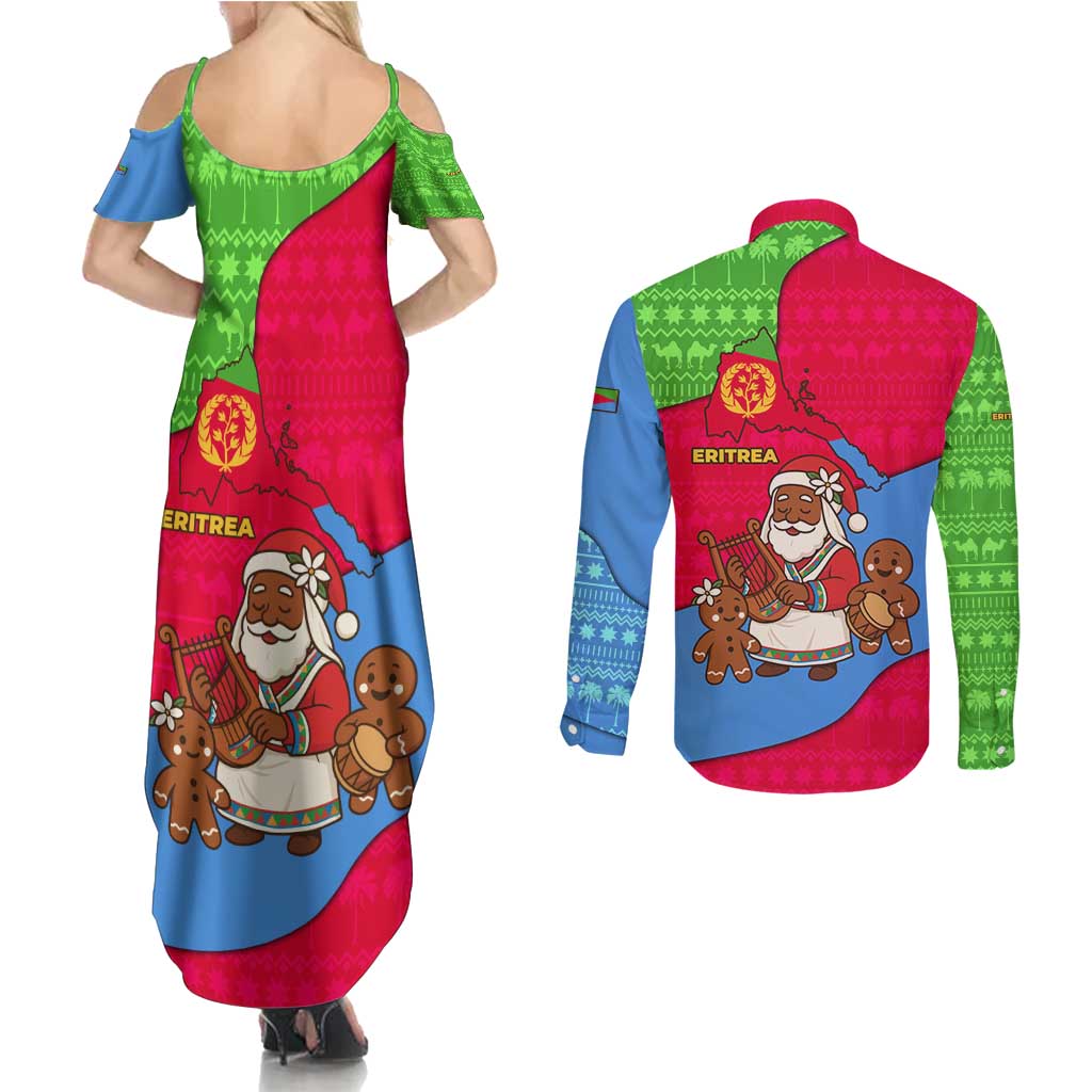 Eritrea Christmas Couples Matching Summer Maxi Dress and Long Sleeve Button Shirt with African Santa Gingerbread Harp National Flag Colors and Festive Pattern Design - Wonder Print Shop