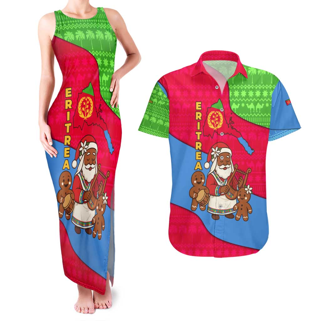 Eritrea Christmas Couples Matching Tank Maxi Dress and Hawaiian Shirt with African Santa Gingerbread Harp National Flag Colors and Festive Pattern Design - Wonder Print Shop