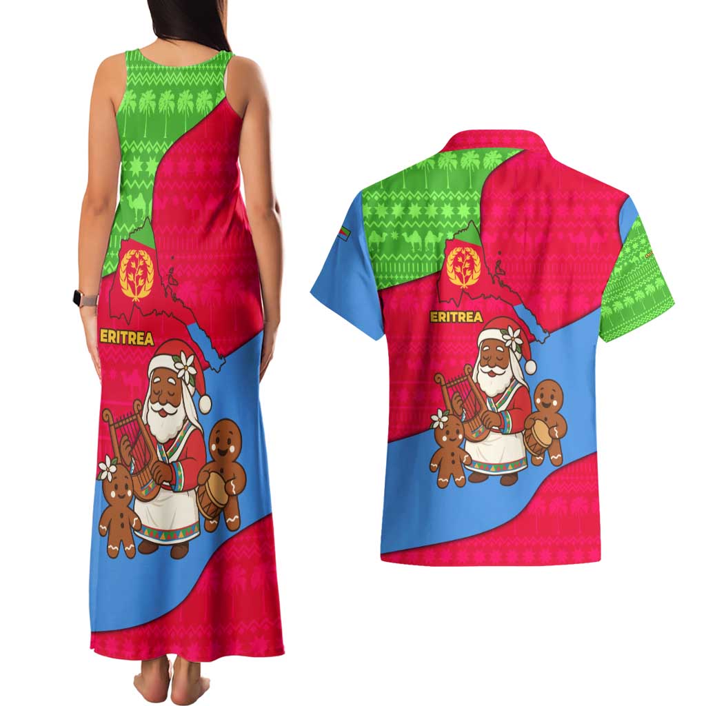Eritrea Christmas Couples Matching Tank Maxi Dress and Hawaiian Shirt with African Santa Gingerbread Harp National Flag Colors and Festive Pattern Design - Wonder Print Shop