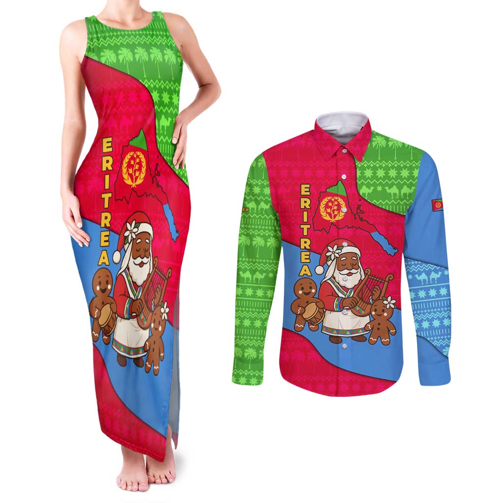Eritrea Christmas Couples Matching Tank Maxi Dress and Long Sleeve Button Shirt with African Santa Gingerbread Harp National Flag Colors and Festive Pattern Design - Wonder Print Shop