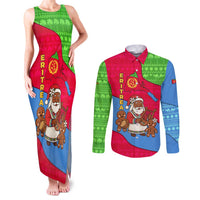 Eritrea Christmas Couples Matching Tank Maxi Dress and Long Sleeve Button Shirt with African Santa Gingerbread Harp National Flag Colors and Festive Pattern Design - Wonder Print Shop