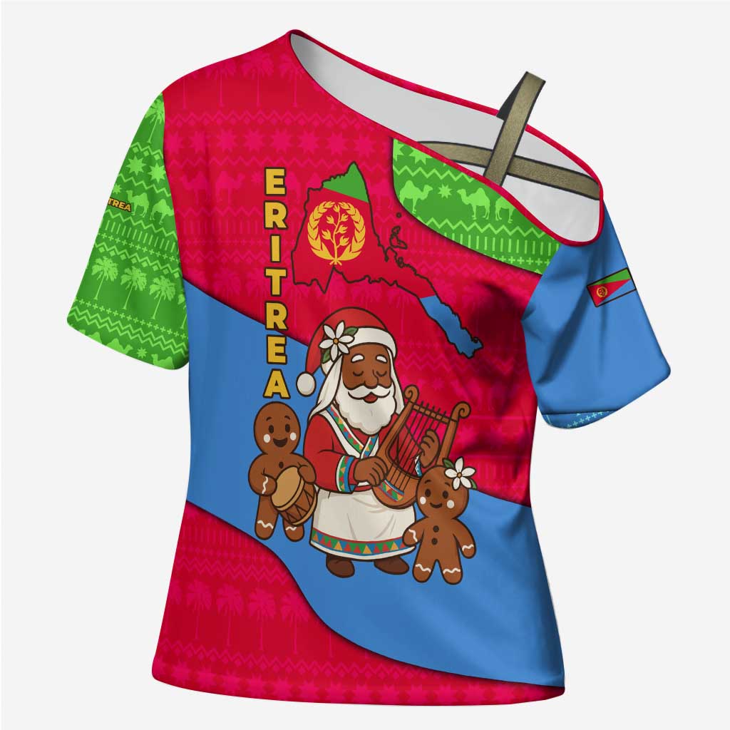 Eritrea Christmas Cross Shoulder Shirt with African Santa Gingerbread Harp National Flag Colors and Festive Pattern Design - undefined