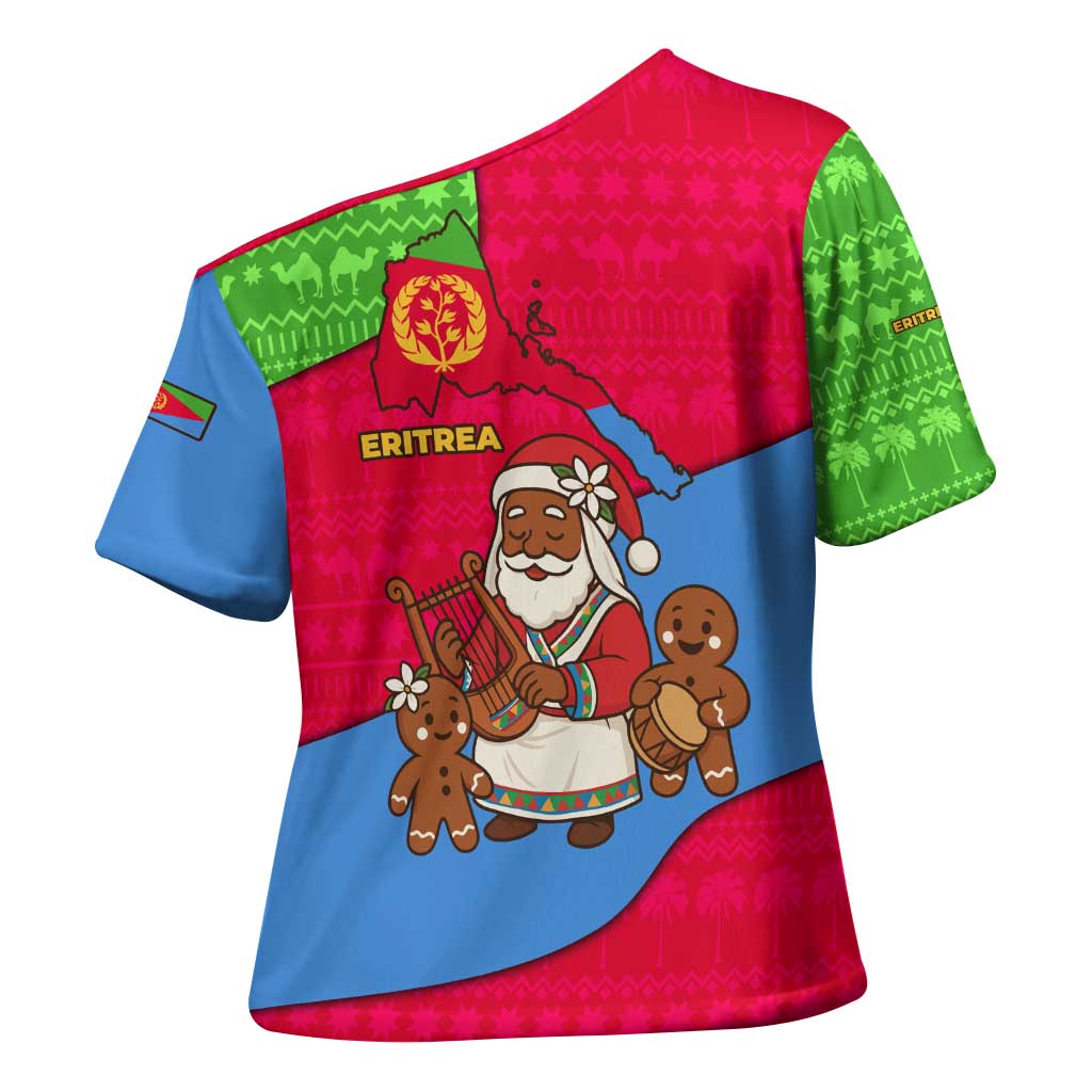 Eritrea Christmas Cross Shoulder Shirt with African Santa Gingerbread Harp National Flag Colors and Festive Pattern Design - undefined