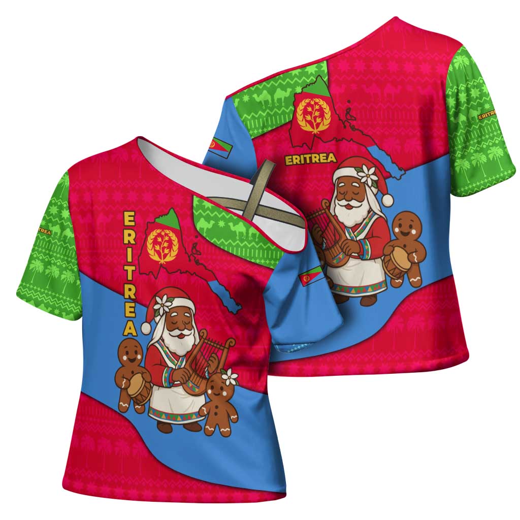 Eritrea Christmas Cross Shoulder Shirt with African Santa Gingerbread Harp National Flag Colors and Festive Pattern Design - undefined