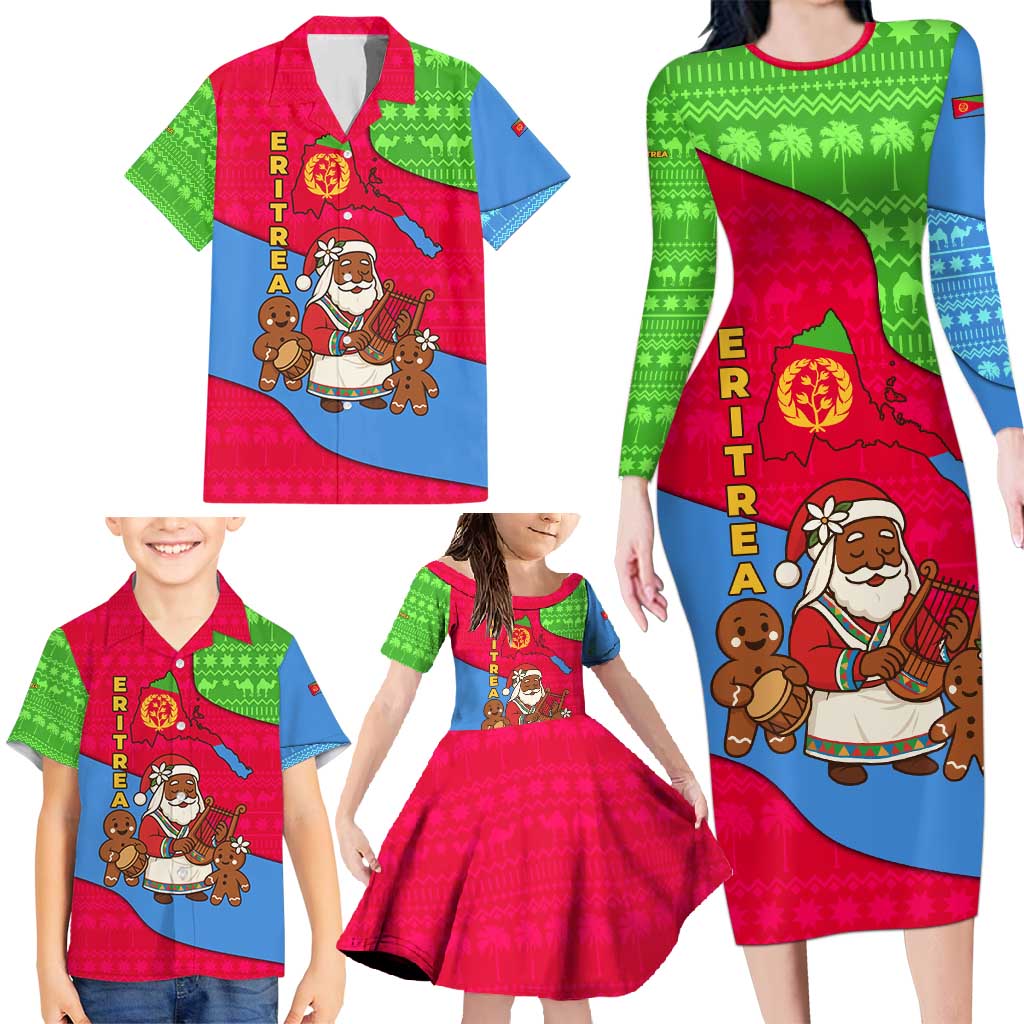 Eritrea Christmas Family Matching Long Sleeve Bodycon Dress and Hawaiian Shirt with African Santa Gingerbread Harp National Flag Colors and Festive Pattern Design - Wonder Print Shop
