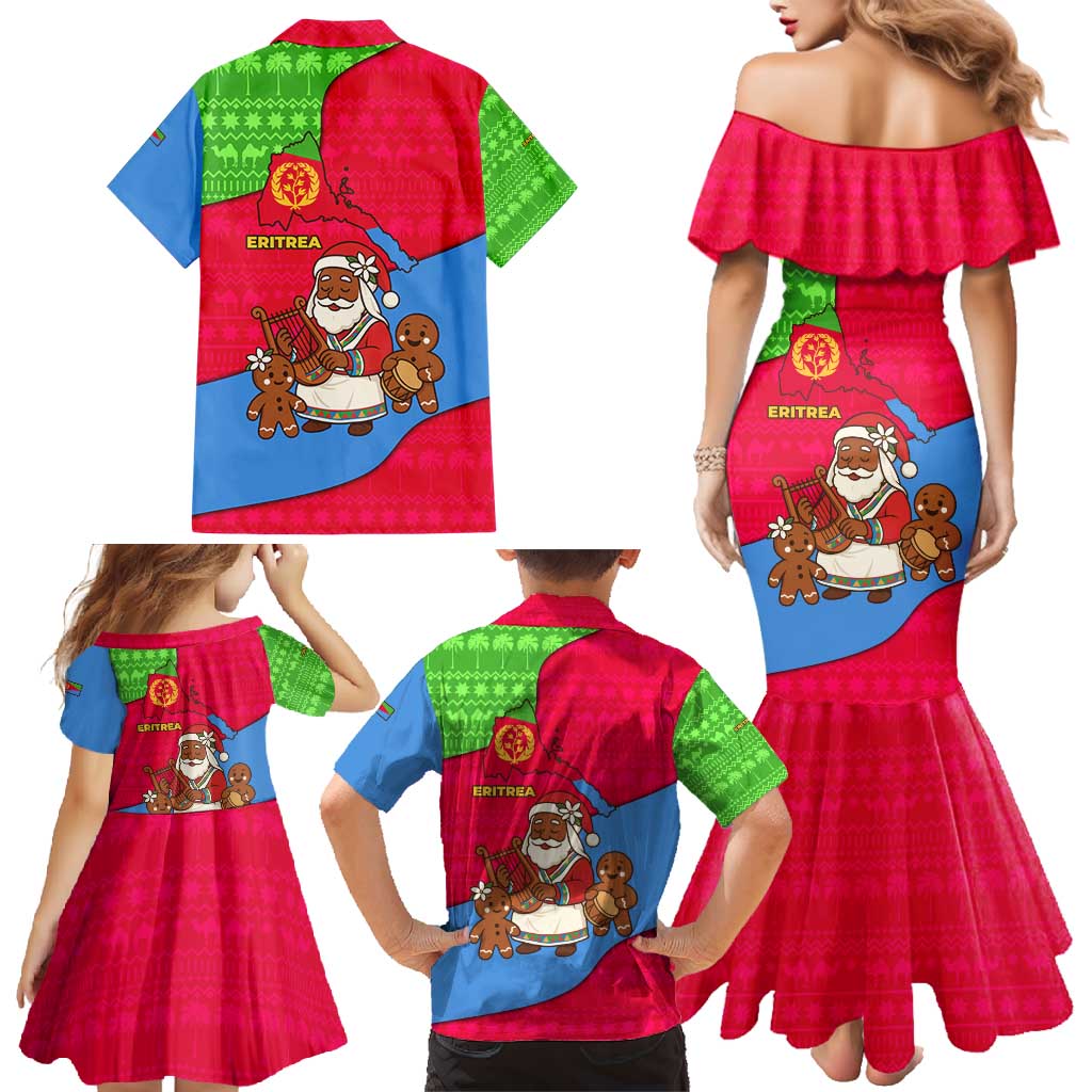 Eritrea Christmas Family Matching Mermaid Dress and Hawaiian Shirt with African Santa Gingerbread Harp National Flag Colors and Festive Pattern Design - Wonder Print Shop