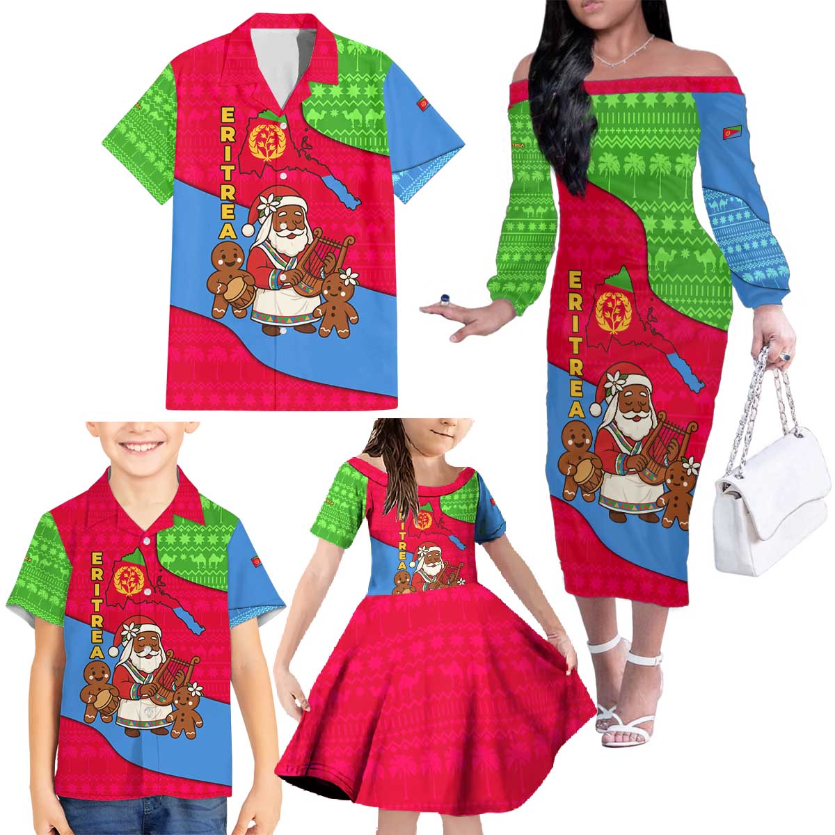 Eritrea Christmas Family Matching Off The Shoulder Long Sleeve Dress and Hawaiian Shirt with African Santa Gingerbread Harp National Flag Colors and Festive Pattern Design - Wonder Print Shop