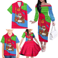 Eritrea Christmas Family Matching Off The Shoulder Long Sleeve Dress and Hawaiian Shirt with African Santa Gingerbread Harp National Flag Colors and Festive Pattern Design - Wonder Print Shop