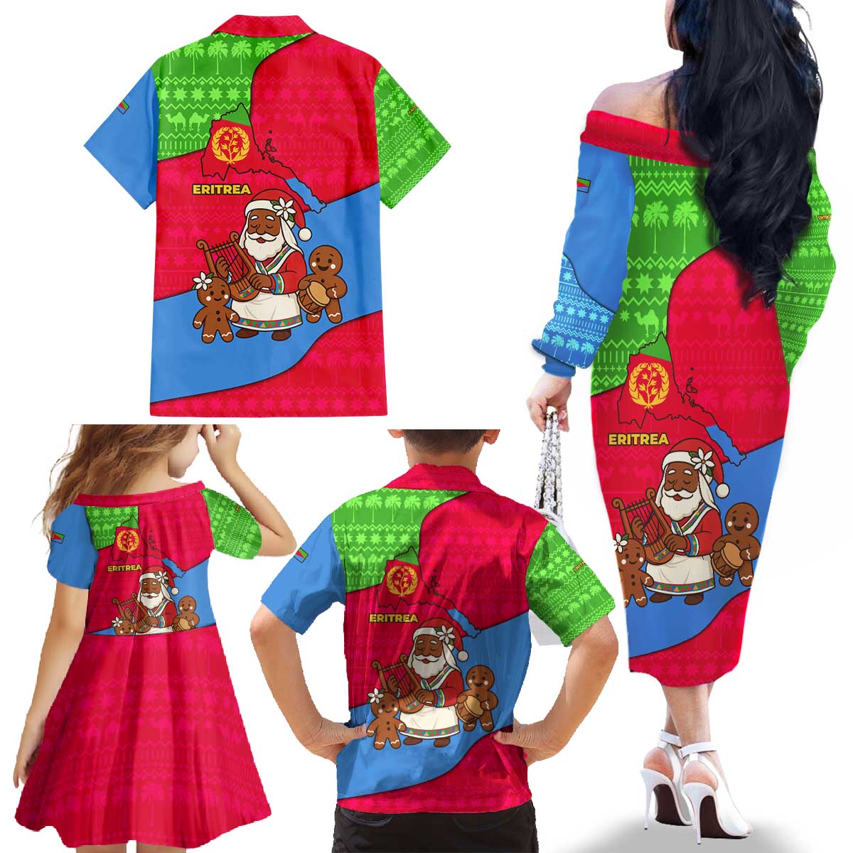 Eritrea Christmas Family Matching Off The Shoulder Long Sleeve Dress and Hawaiian Shirt with African Santa Gingerbread Harp National Flag Colors and Festive Pattern Design - Wonder Print Shop