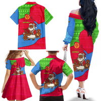 Eritrea Christmas Family Matching Off The Shoulder Long Sleeve Dress and Hawaiian Shirt with African Santa Gingerbread Harp National Flag Colors and Festive Pattern Design - Wonder Print Shop