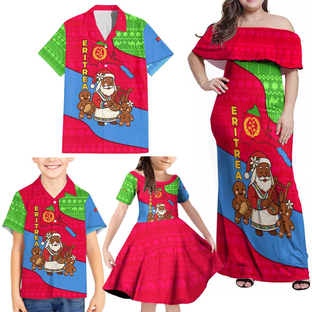 Eritrea Christmas Family Matching Off Shoulder Maxi Dress and Hawaiian Shirt with African Santa Gingerbread Harp National Flag Colors and Festive Pattern Design - Wonder Print Shop