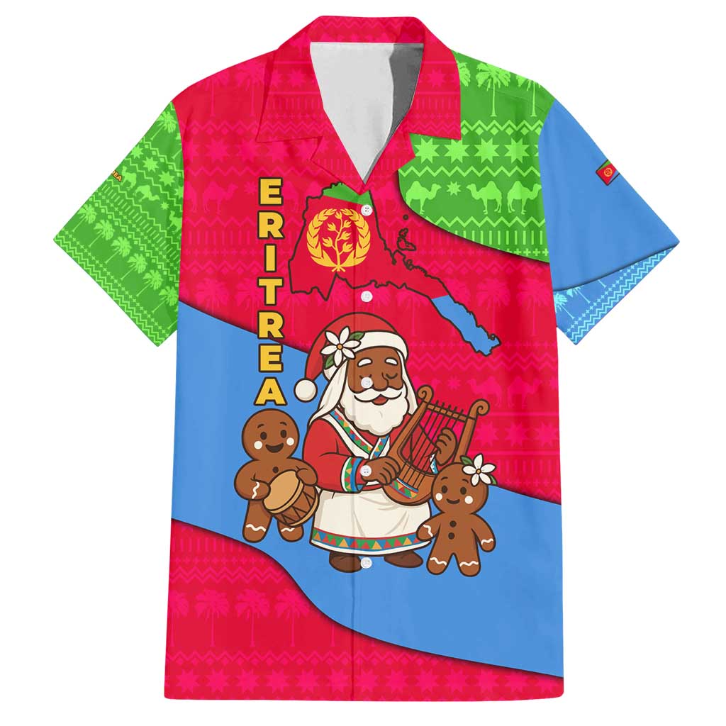 Eritrea Christmas Family Matching Off Shoulder Short Dress and Hawaiian Shirt with African Santa Gingerbread Harp National Flag Colors and Festive Pattern Design - Wonder Print Shop