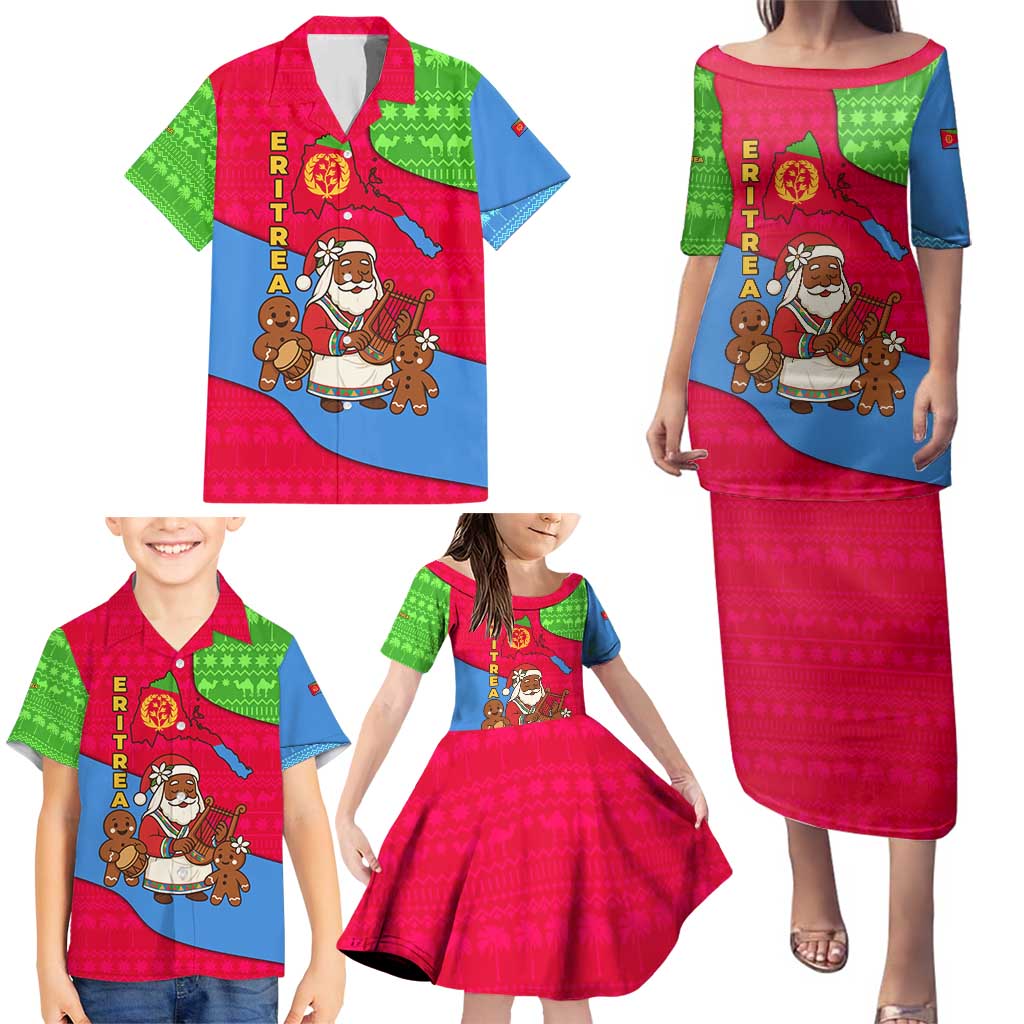 Eritrea Christmas Family Matching Puletasi and Hawaiian Shirt with African Santa Gingerbread Harp National Flag Colors and Festive Pattern Design - Wonder Print Shop