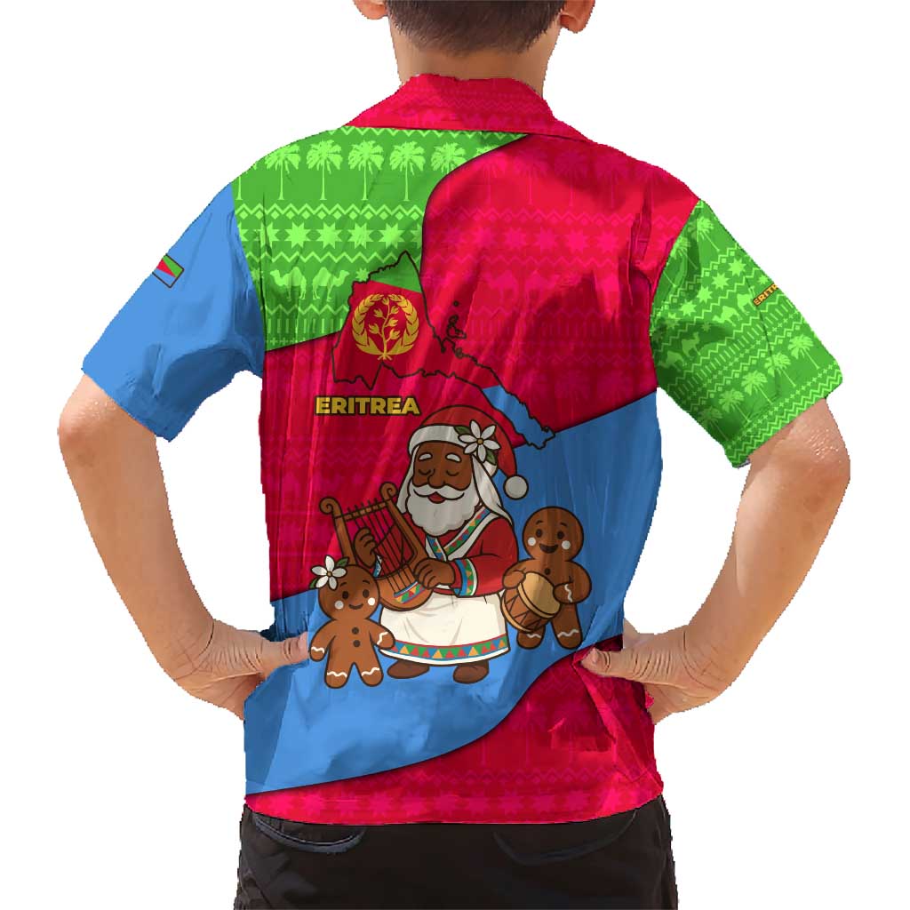 Eritrea Christmas Family Matching Short Sleeve Bodycon Dress and Hawaiian Shirt with African Santa Gingerbread Harp National Flag Colors and Festive Pattern Design - Wonder Print Shop