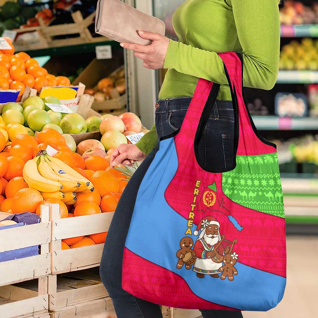Eritrea Christmas Grocery Bag with African Santa Gingerbread Harp National Flag Colors and Festive Pattern Design - Wonder Print Shop