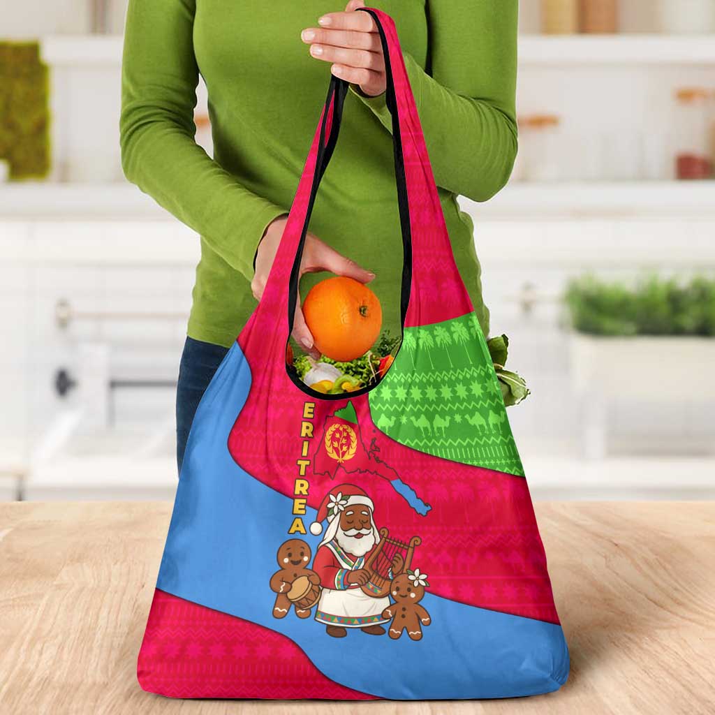 Eritrea Christmas Grocery Bag with African Santa Gingerbread Harp National Flag Colors and Festive Pattern Design - Wonder Print Shop