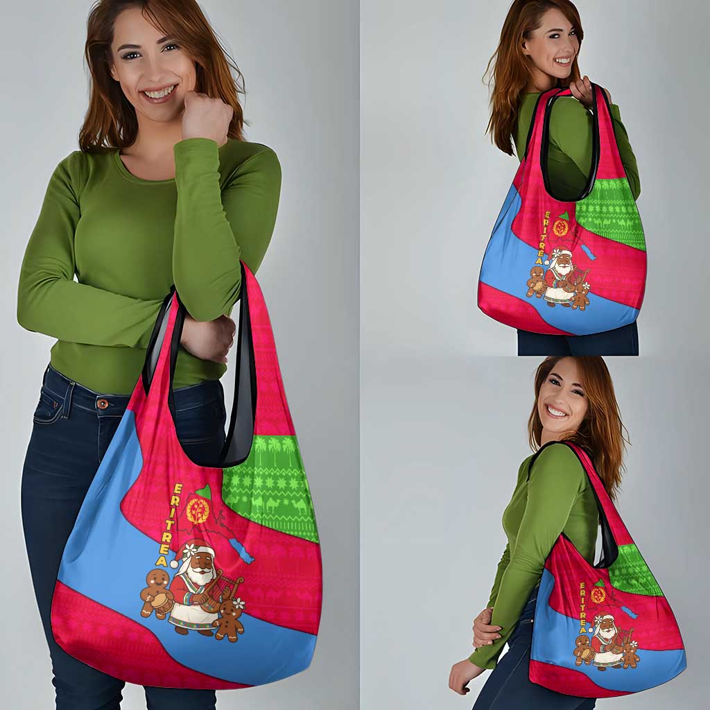 Eritrea Christmas Grocery Bag with African Santa Gingerbread Harp National Flag Colors and Festive Pattern Design - Wonder Print Shop