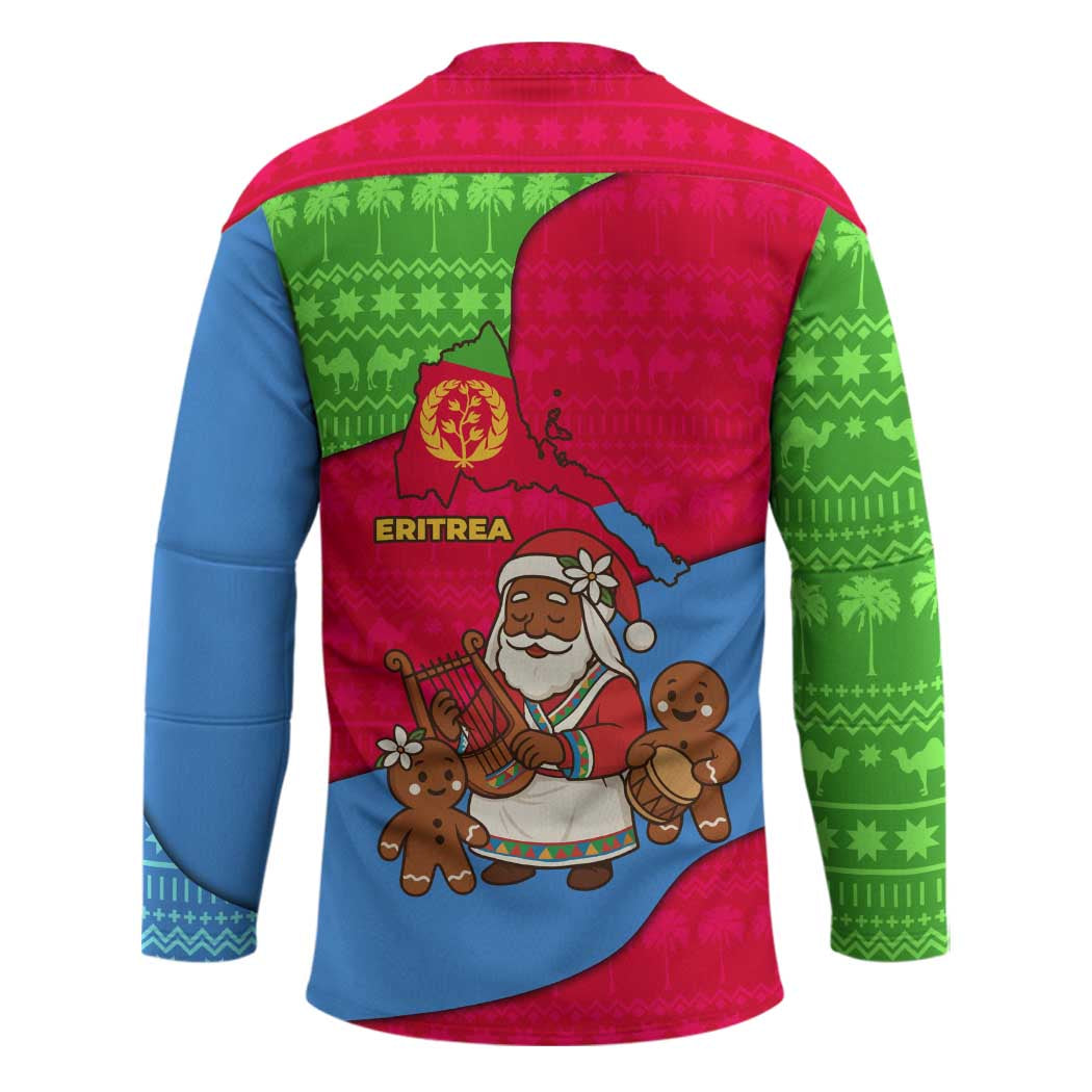Eritrea Christmas Hockey Jersey with African Santa Gingerbread Harp National Flag Colors and Festive Pattern Design - Wonder Print Shop