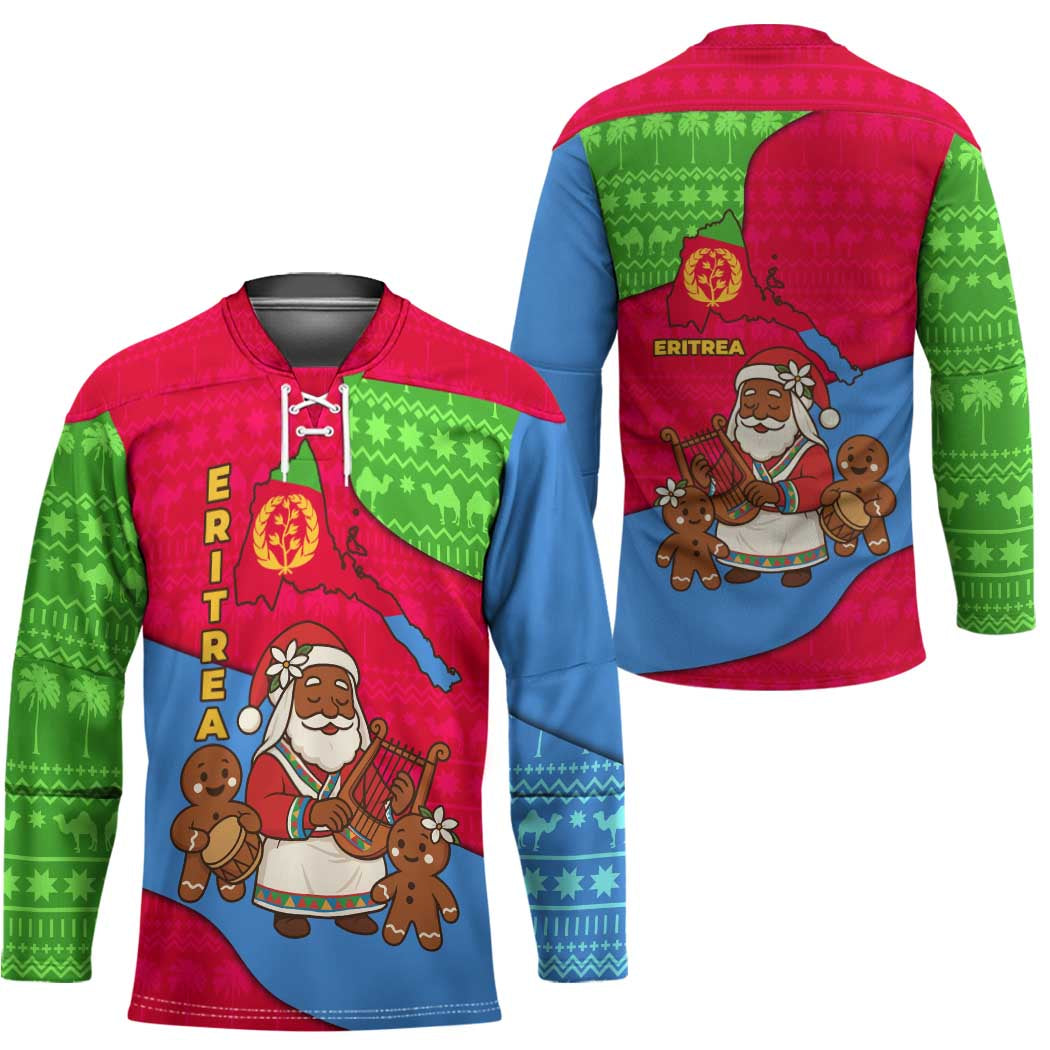Eritrea Christmas Hockey Jersey with African Santa Gingerbread Harp National Flag Colors and Festive Pattern Design - Wonder Print Shop