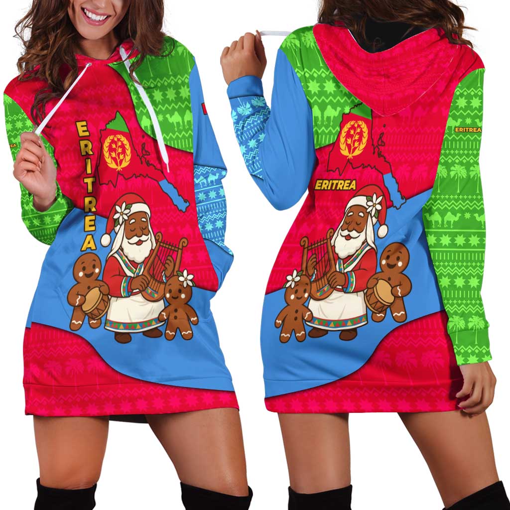 Eritrea Christmas Hoodie Dress with African Santa Gingerbread Harp National Flag Colors and Festive Pattern Design - Wonder Print Shop