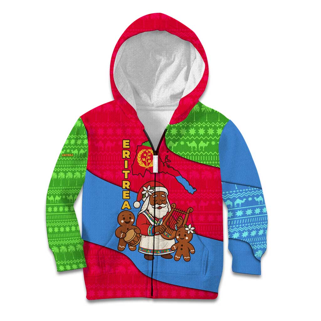 Eritrea Christmas Kid Hoodie with African Santa Gingerbread Harp National Flag Colors and Festive Pattern Design - Wonder Print Shop