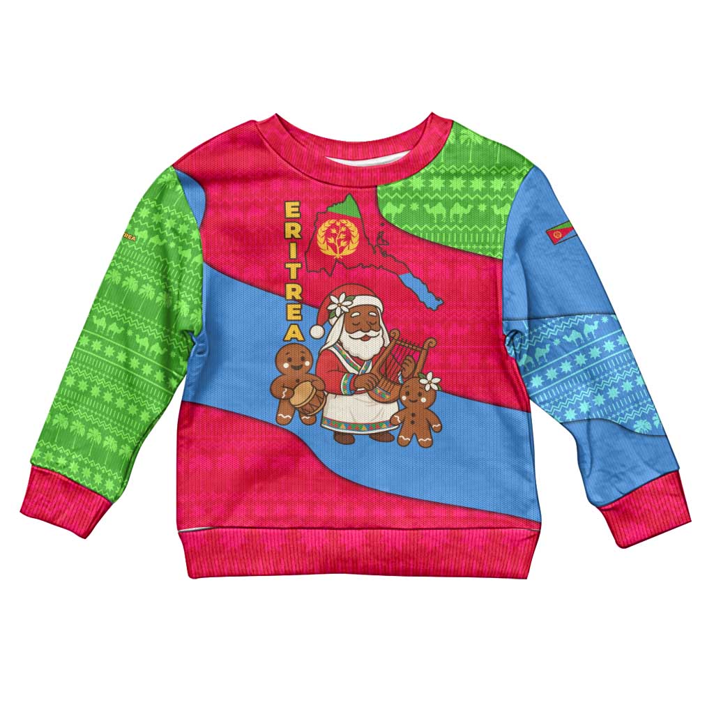 Eritrea Christmas Kid Ugly Christmas Sweater with African Santa Gingerbread Harp National Flag Colors and Festive Pattern Design - Wonder Print Shop