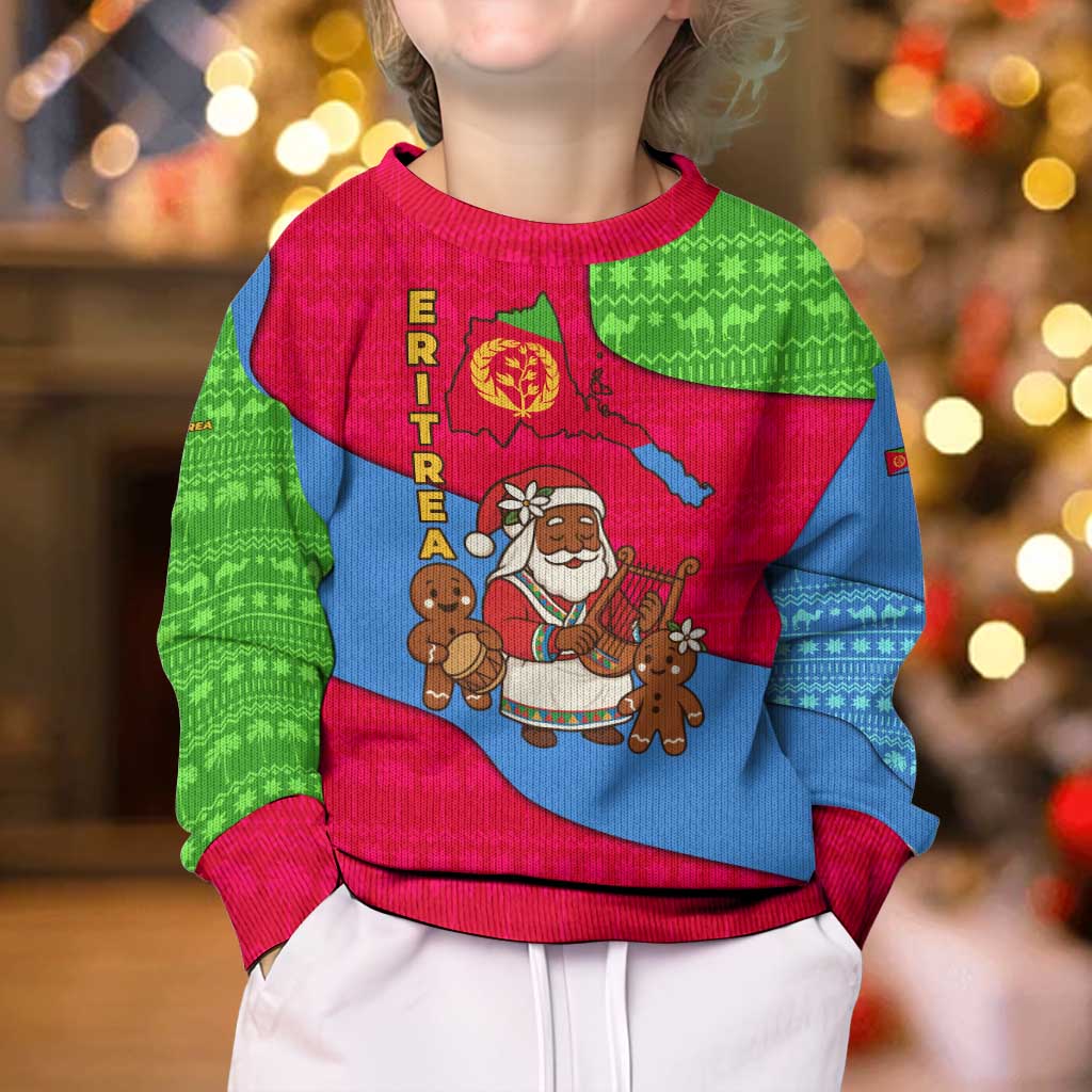 Eritrea Christmas Kid Ugly Christmas Sweater with African Santa Gingerbread Harp National Flag Colors and Festive Pattern Design - Wonder Print Shop