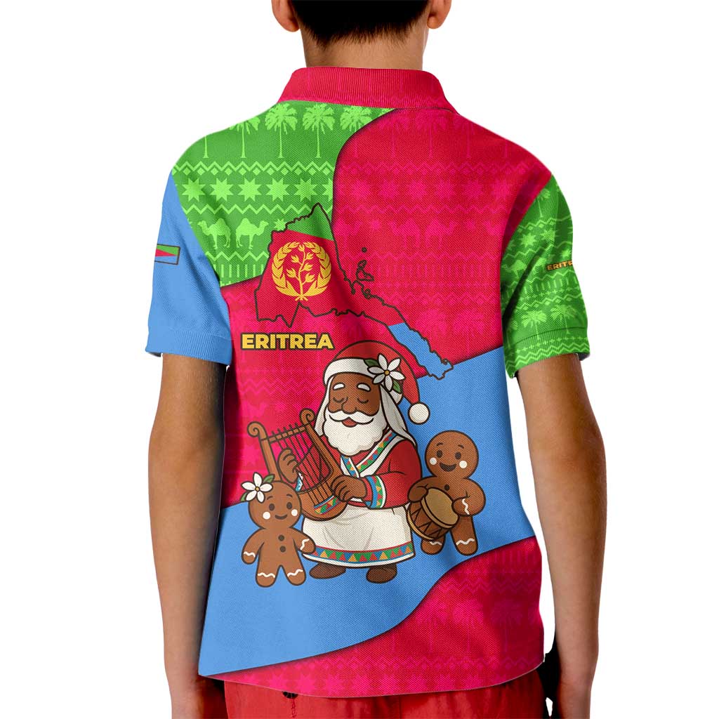 Eritrea Christmas Kid Polo Shirt with African Santa Gingerbread Harp National Flag Colors and Festive Pattern Design - Wonder Print Shop