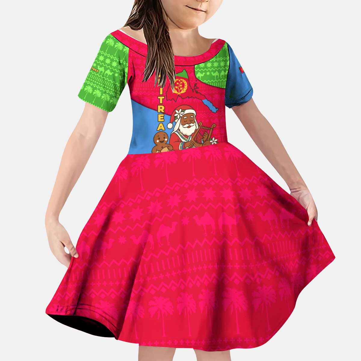Eritrea Christmas Kid Short Sleeve Dress with African Santa Gingerbread Harp National Flag Colors and Festive Pattern Design - Wonder Print Shop