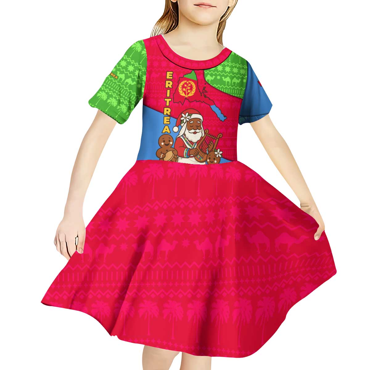 Eritrea Christmas Kid Short Sleeve Dress with African Santa Gingerbread Harp National Flag Colors and Festive Pattern Design - Wonder Print Shop