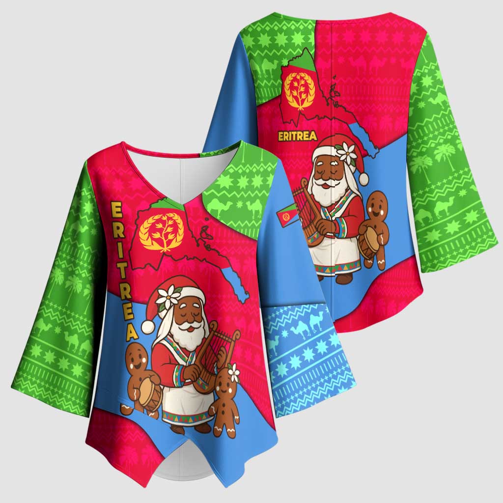 Eritrea Christmas Kimono Sleeve Blouse with African Santa Gingerbread Harp National Flag Colors and Festive Pattern Design - Wonder Print Shop