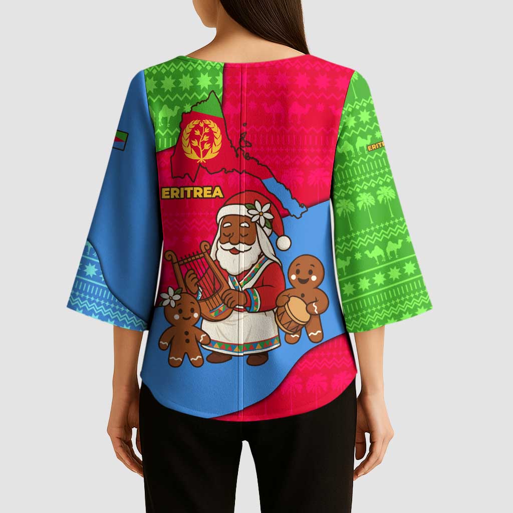Eritrea Christmas Kimono Sleeve Blouse with African Santa Gingerbread Harp National Flag Colors and Festive Pattern Design - Wonder Print Shop