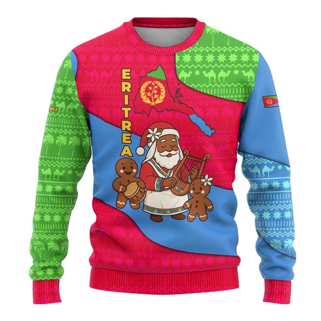 Eritrea Christmas Ugly Christmas Sweater with African Santa Gingerbread Harp National Flag Colors and Festive Pattern Design - Wonder Print Shop