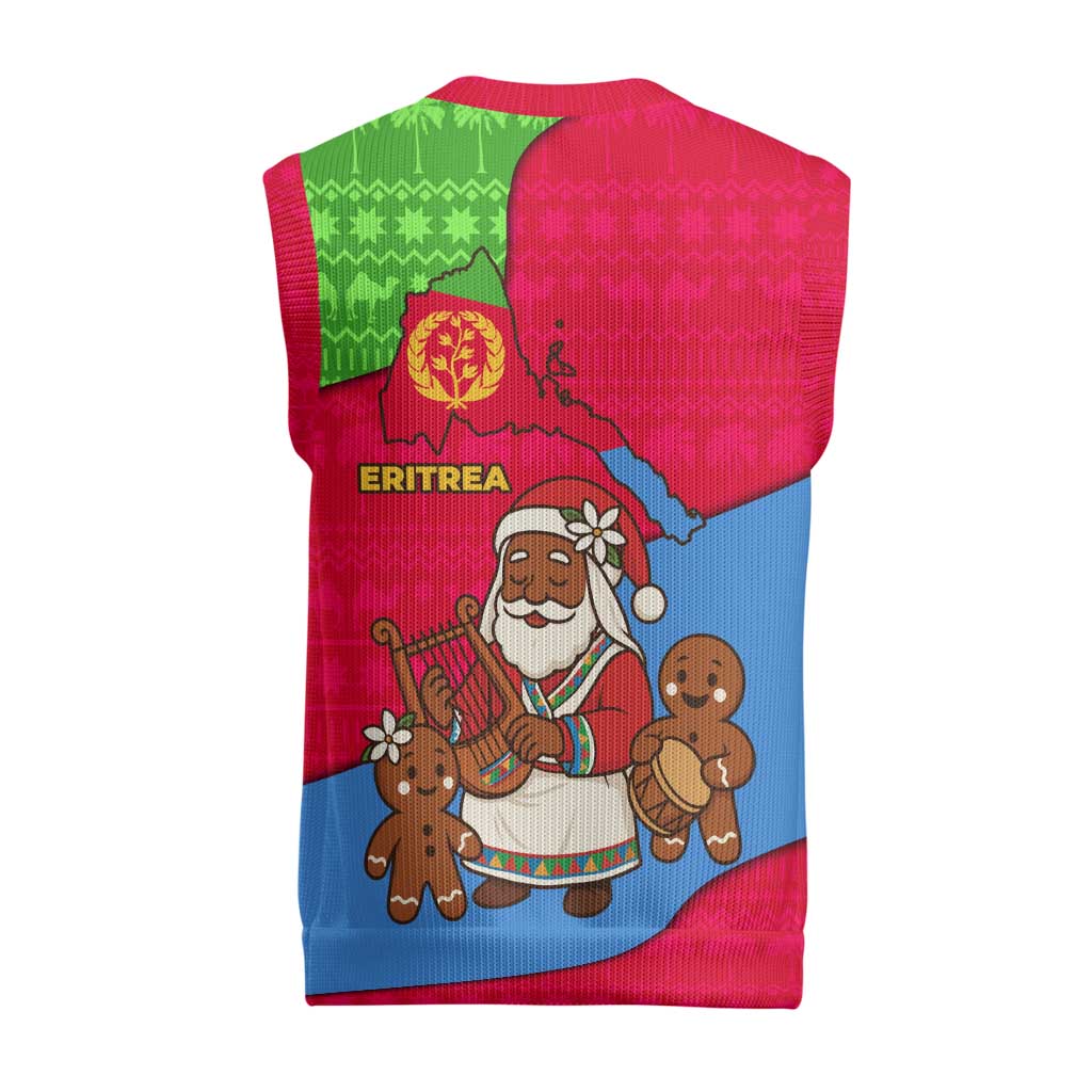 Eritrea Christmas Knitted V-Neck Vest with African Santa Gingerbread Harp National Flag Colors and Festive Pattern Design - Wonder Print Shop