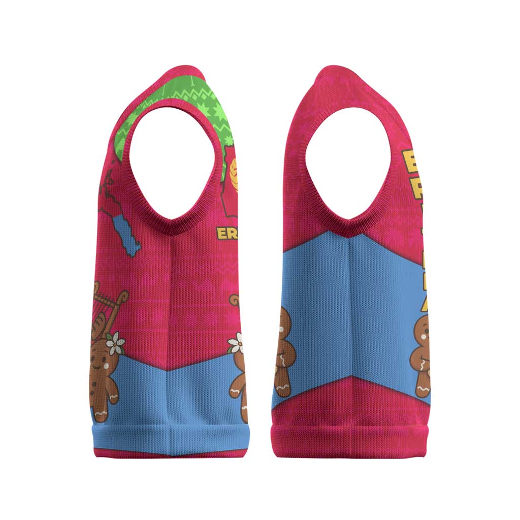 Eritrea Christmas Knitted V-Neck Vest with African Santa Gingerbread Harp National Flag Colors and Festive Pattern Design - Wonder Print Shop